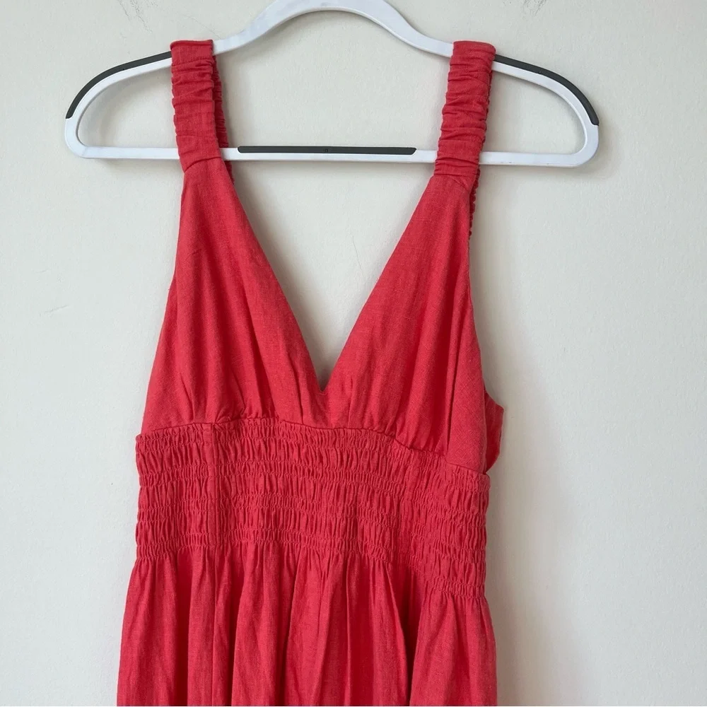 Abercrombie Scrunchie Strap Plunge Linen Maxi Dress Salmon Pink